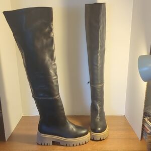 New Free People Ziggy Zipper Black Leather Over The Knee Boots Eur 36
